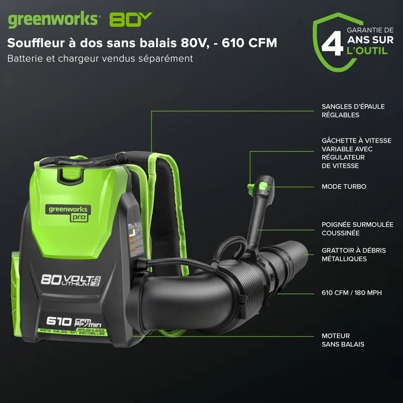 80V 180 MPH - 610 CFM Brushless Backpack Blower (Tool Only) - BPB80L00