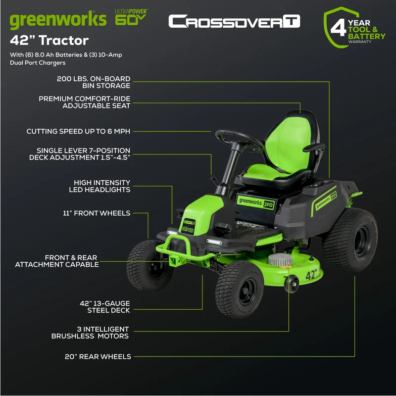 60V 42" Crossover T Tractor Riding Lawn Mower, (6) 8.0Ah Batteries and (3) Dual Port Turbo Chargers | CRT4261