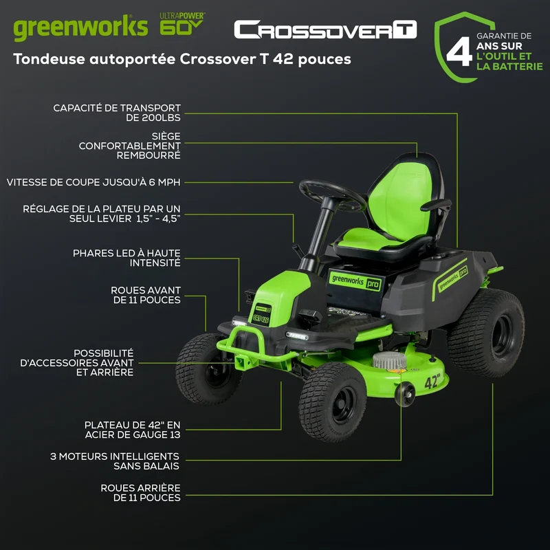 60V 42" Crossover T Tractor Riding Lawn Mower, (6) 8.0Ah Batteries and (3) Dual Port Turbo Chargers | CRT4261