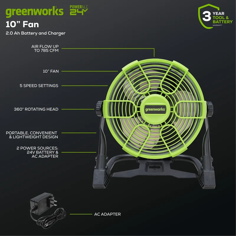 24V Portable Fan with 2.0Ah USB Battery and AC Adapter/Charger Included