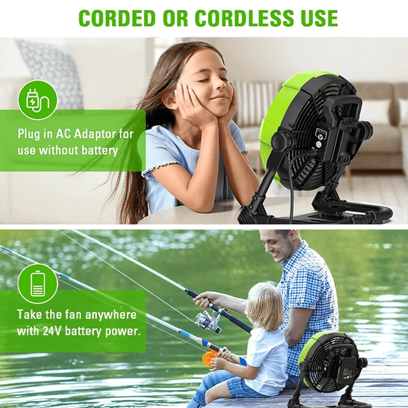 24V Portable Fan with 2.0Ah USB Battery and AC Adapter/Charger Included