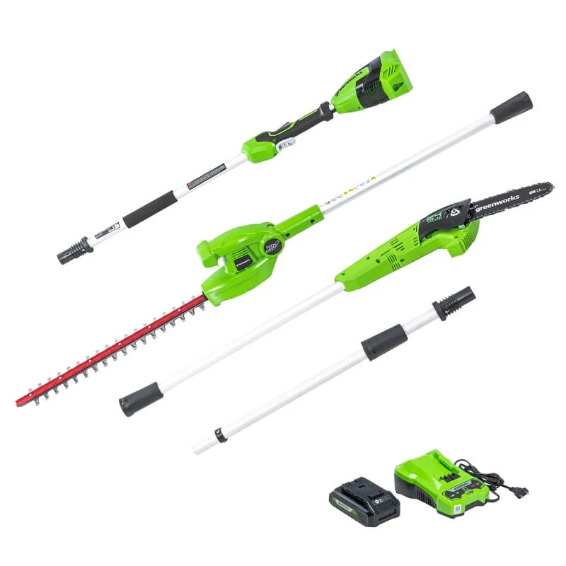 24V 8" Pole Saw & Pole Hedger Attachment, 2.0Ah USB Battery and Charger Included