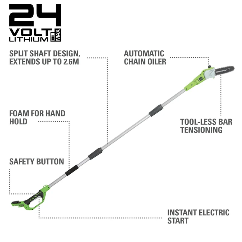 24V 8" Pole Saw & Pole Hedger Attachment, 2.0Ah USB Battery and Charger Included
