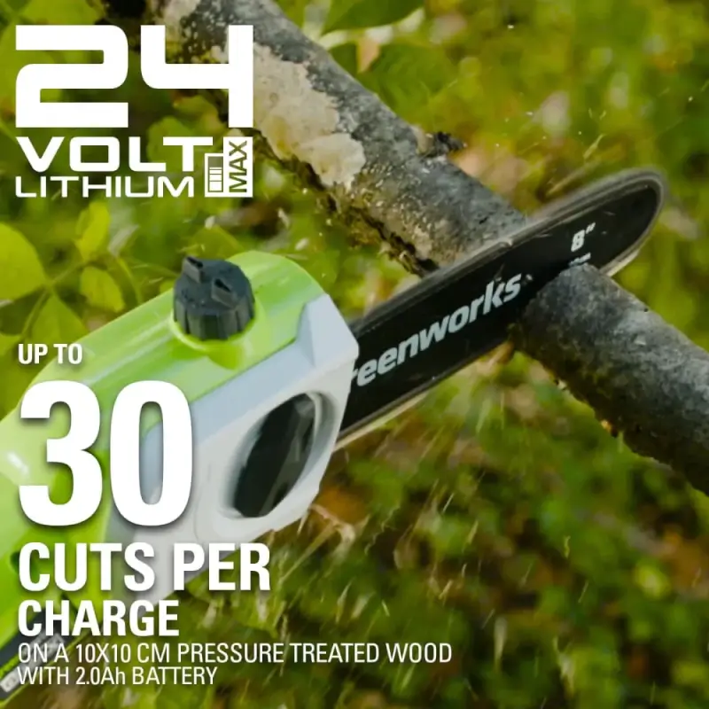 24V 8" Pole Saw & Pole Hedger Attachment, 2.0Ah USB Battery and Charger Included