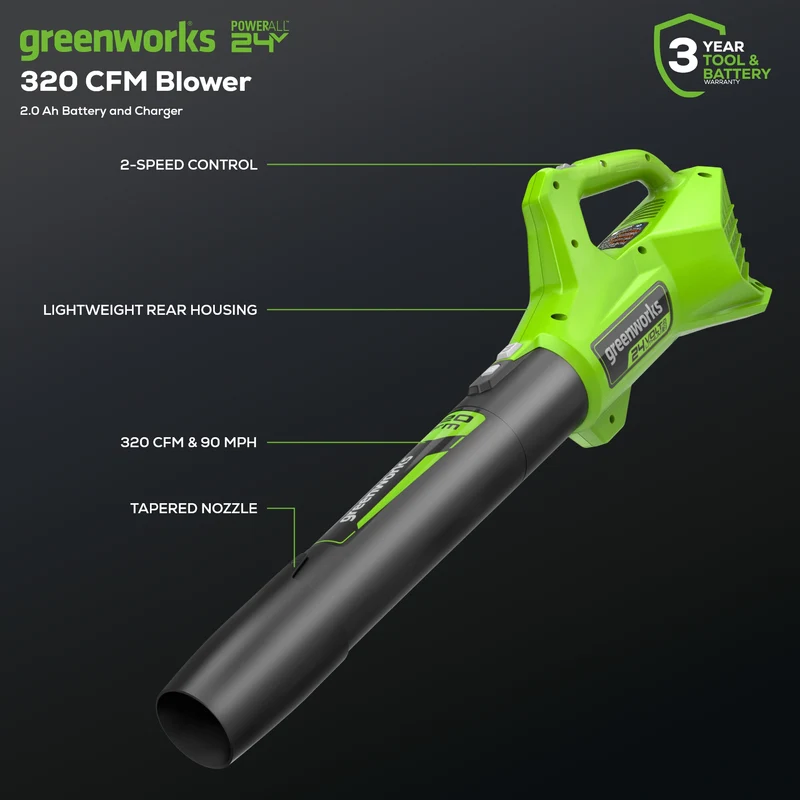 24V Axial Blower 90 MPH - 320 CFM, 2.0Ah USB Battery and Charger Included