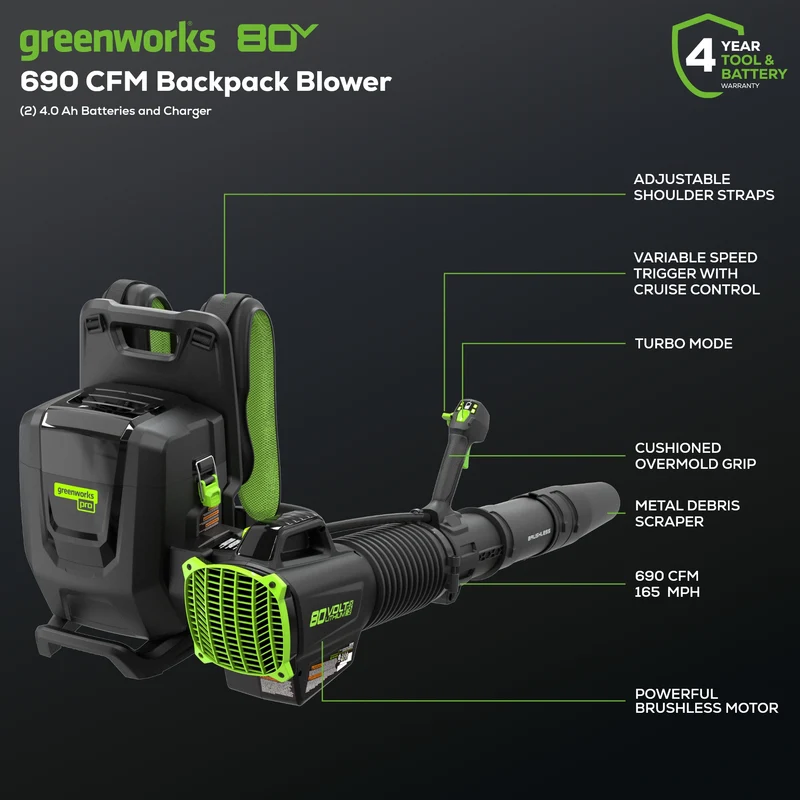 80V Backpack Blower 690 CFM - 165 MPH, (2) 4.0Ah Batteries and Dual Charger Included