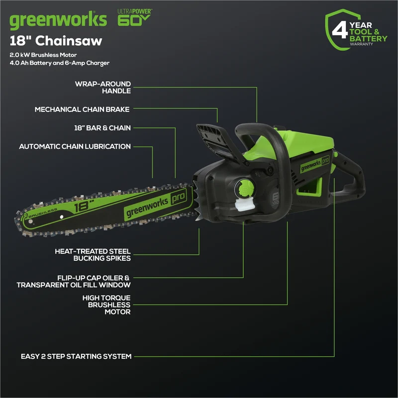 60V 18" Chainsaw, 4.0Ah Battery and Charger Included