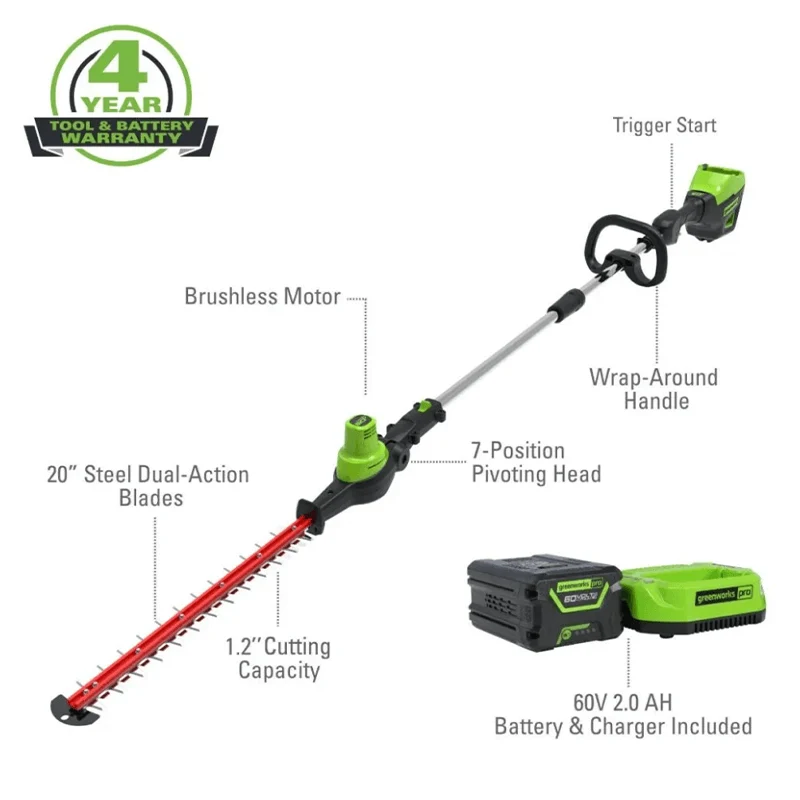 60V 20" Pole Hedge Trimmer, 2.0Ah Battery and Charger Included