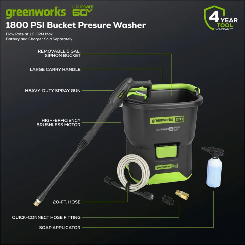 60V 1800 PSI 1.0 GPM 19L Bucket Pressure Washer (Tool Only)