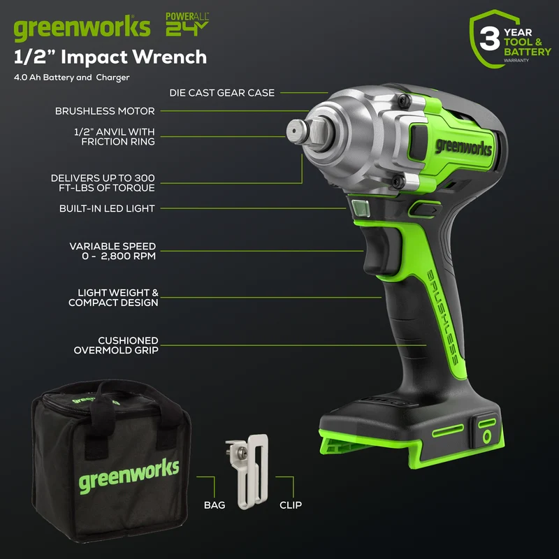 24V Brushless 1/2" Impact Wrench, 4.0Ah Battery and Charger Included