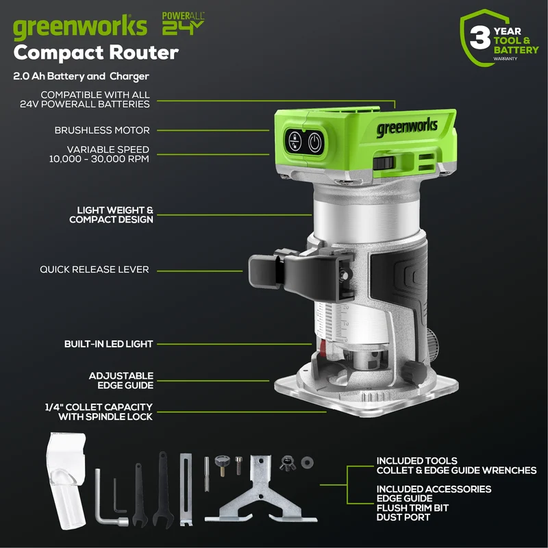 24V Brushless Compact Router, 2.0Ah Battery and Charger Included
