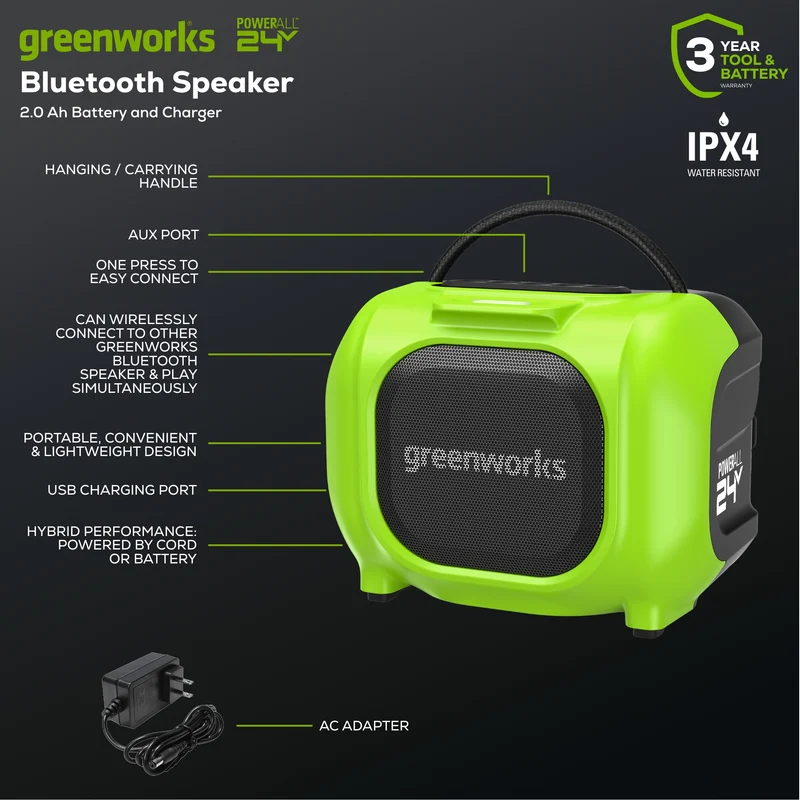 24V Cordless Battery Mini Bluetooth Speaker, 2.0Ah Battery & Charger Included