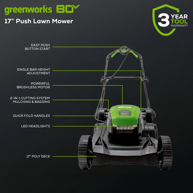 80V 17" Brushless Lawn Mower, 2.0Ah Battery and Charger Included