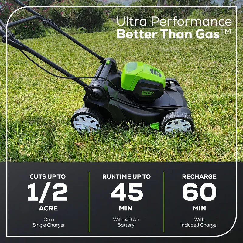 80V 17" Brushless Lawn Mower, 2.0Ah Battery and Charger Included