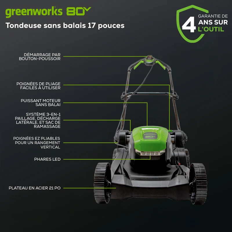 80V 17" Brushless Lawn Mower, 2.0Ah Battery and Charger Included