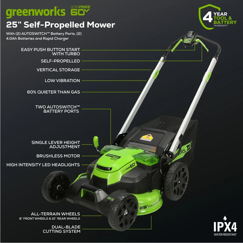 60V 25" Battery Lawn Mower - Self-Propelled Turbo, (2) 4.0Ah Batteries & Charger Included