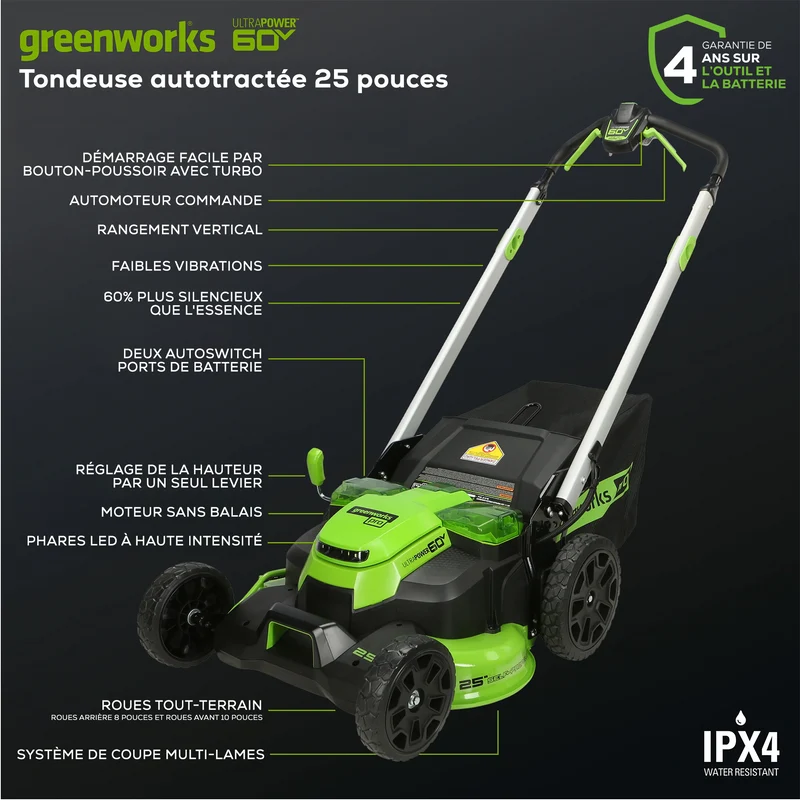 60V 25" Battery Lawn Mower - Self-Propelled Turbo, (2) 4.0Ah Batteries & Charger Included