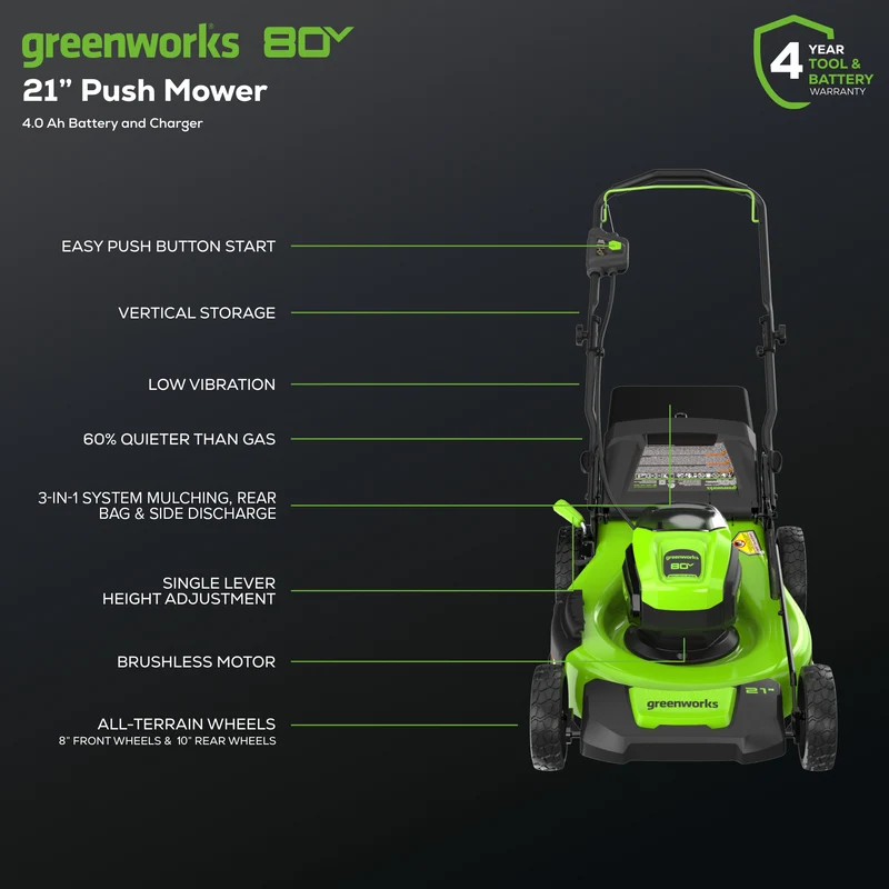 80V 21" Battery Lawn Mower - Brushless, 4Ah Battery and Charger Included