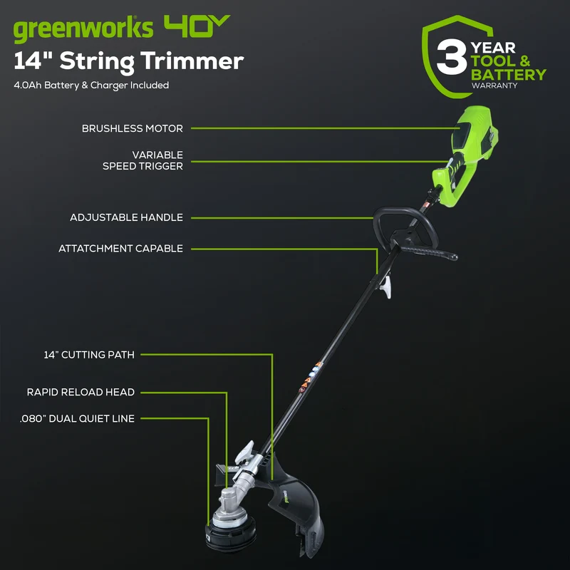 40V 14"/16" Brushless String Trimmer, 4.0Ah Battery and Charger Included - STF456