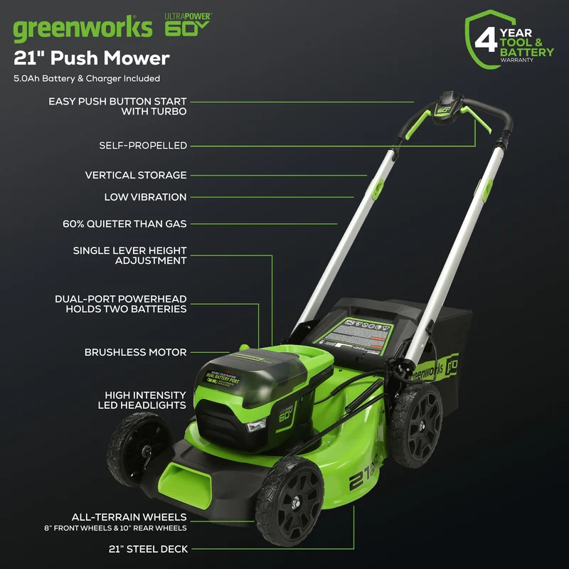 60V 21" Brushless Self-Propelled Lawn Mower, 5.0Ah Battery and Charger Included