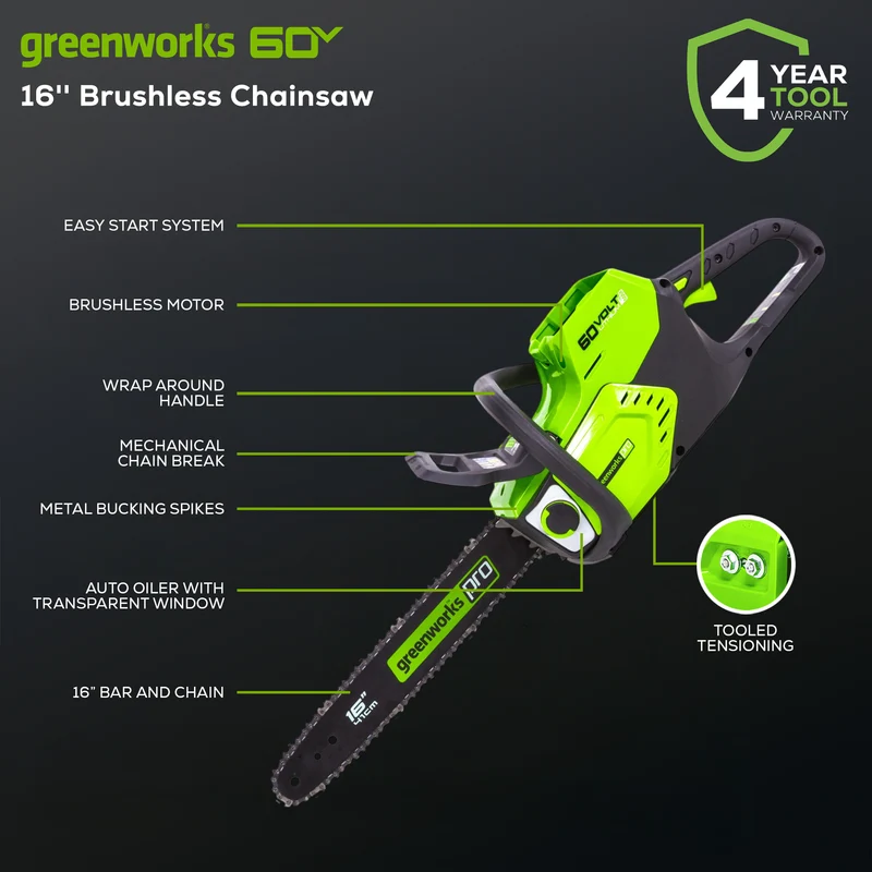 60V 16" Brushless Chainsaw, 2.5Ah Battery and Charger Included