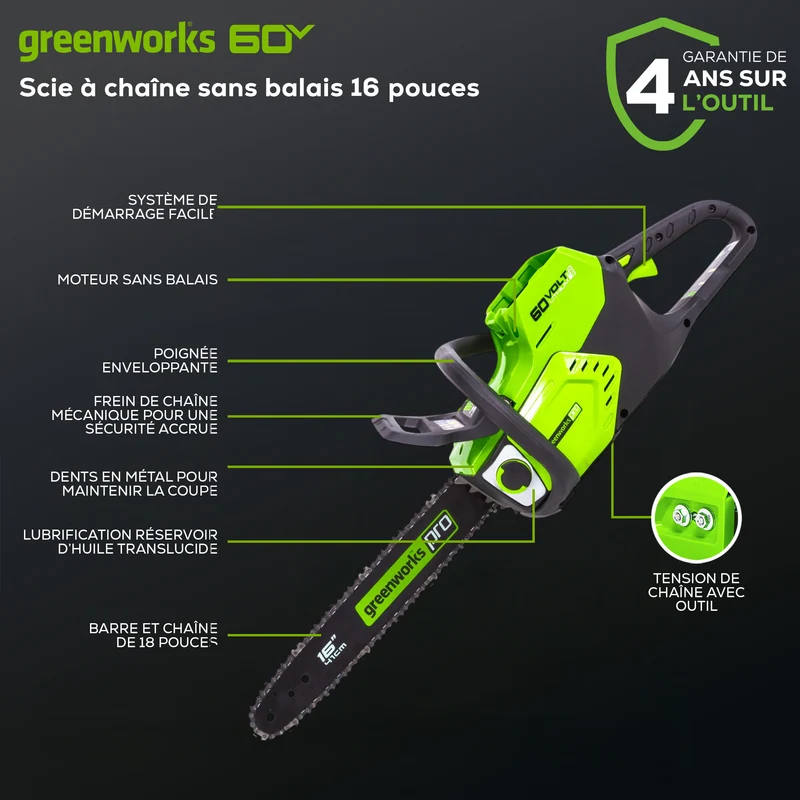 60V 16" Brushless Chainsaw, 2.5Ah Battery and Charger Included