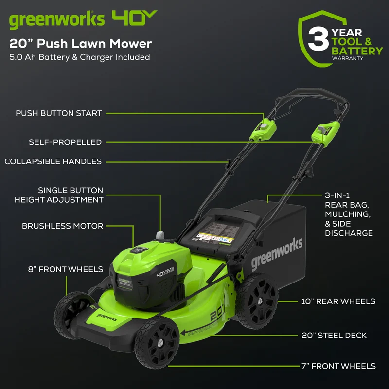 Greenworks 40V 20" Self-Propelled Lawn Mower, 5.0Ah Battery and Charger Included
