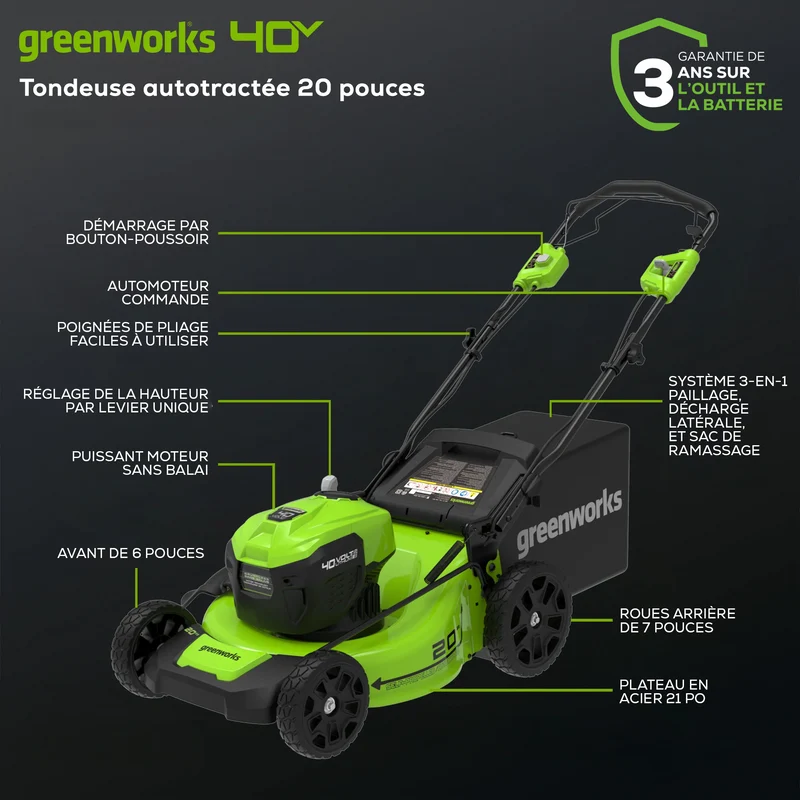 Greenworks 40V 20" Self-Propelled Lawn Mower, 5.0Ah Battery and Charger Included