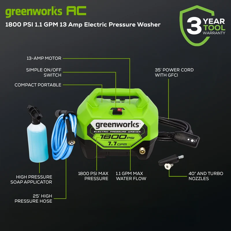 1800 PSI 1.1 GPM 13 Amp Electric Pressure Washer