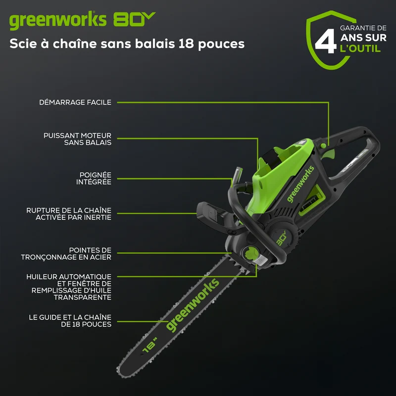 80V 18" Brushless Chainsaw, 2.0Ah Battery and Charger Included