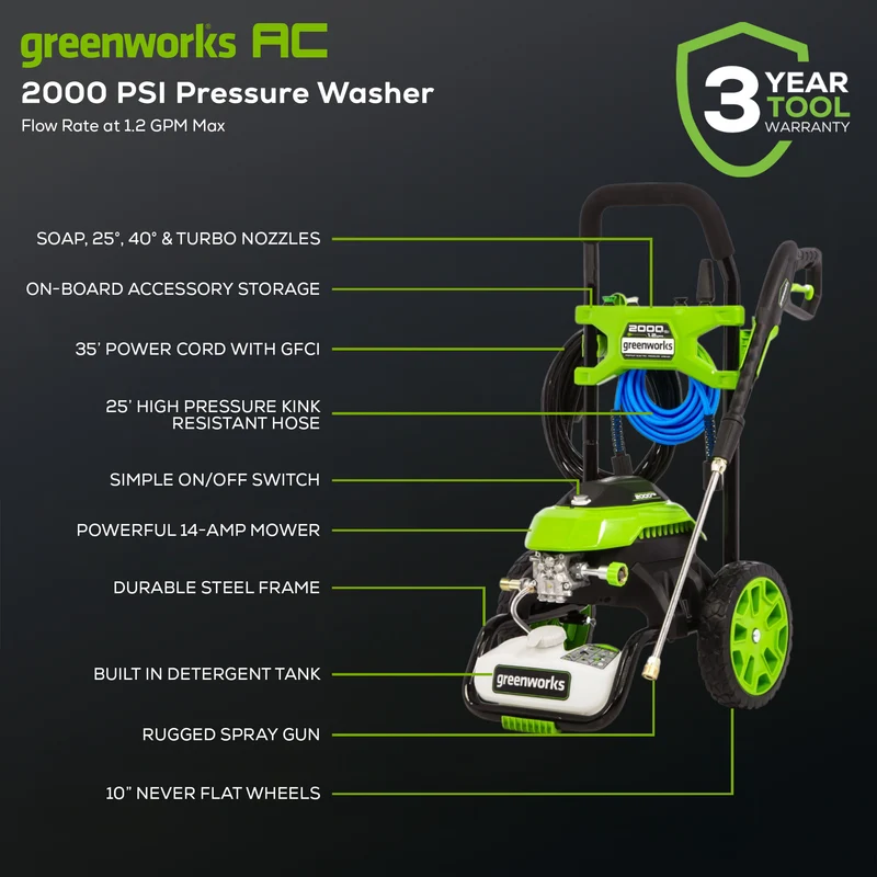 2000 PSI 1.2 GPM 14 Amp Electric Pressure Washer, Includes 12" Surface Cleaner + High Pressure Soap Applicator
