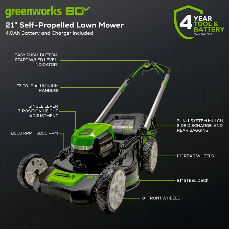 80V 21" Battery Lawn Mower - Brushless Self-Propelled, 4.0Ah Battery and Charger Included