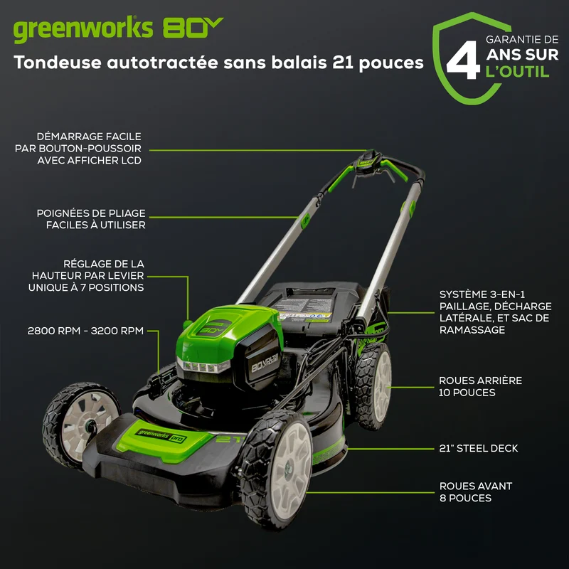 80V 21" Battery Lawn Mower - Brushless Self-Propelled, 4.0Ah Battery and Charger Included