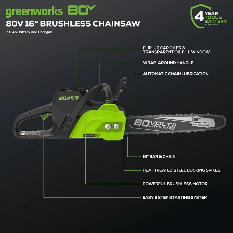 80V 16" Brushless Chainsaw, 2.0Ah Battery and Charger Included - CS80L211