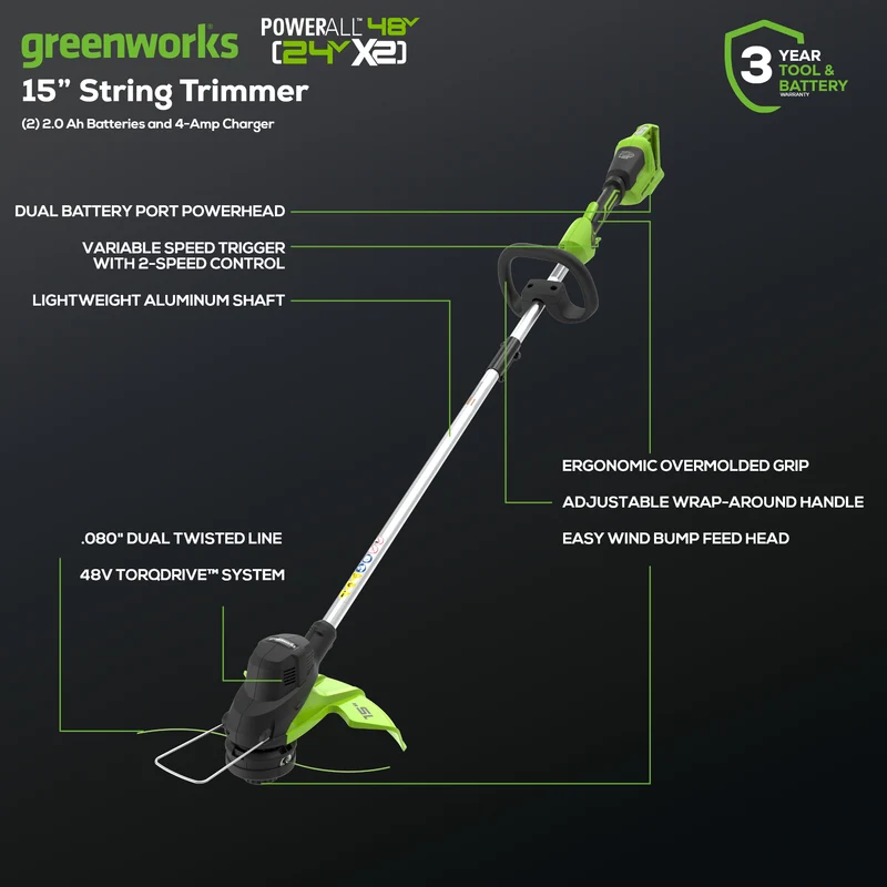 48V (24V x 2) 15" TORQDRIVE Cordless String Trimmer, (2) 2.0Ah USB Batteries and Dual Port Charger Included