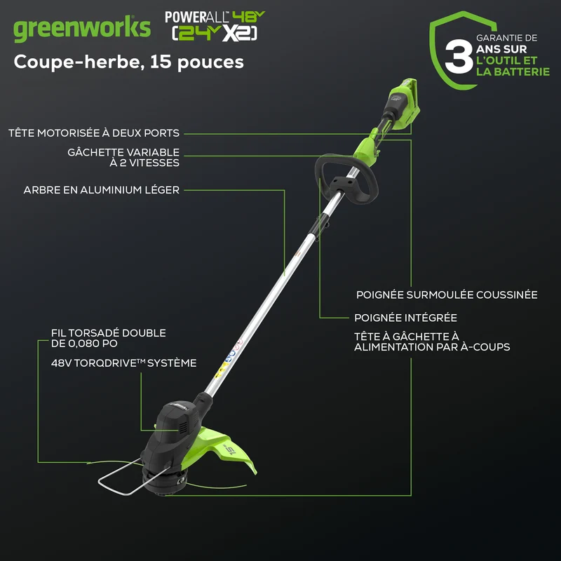 48V (24V x 2) 15" TORQDRIVE Cordless String Trimmer, (2) 2.0Ah USB Batteries and Dual Port Charger Included