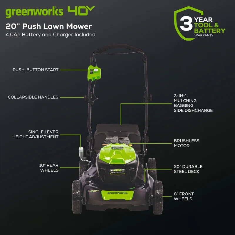 40V 20" Battery Lawn Mower - Brushless Push with 4.0Ah Battery & Charger