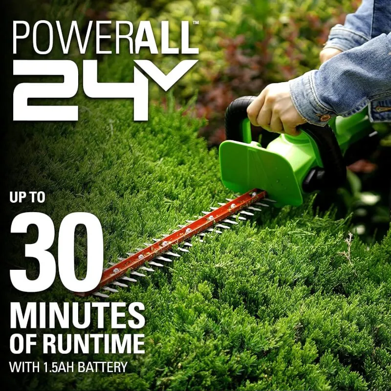 24V 22" Hedge Trimmer with Rotating Handle, 1.5Ah USB Battery and Charger Included