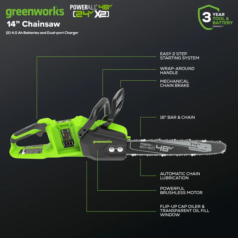 48V (24V x 2) 14" Cordless Battery Chainsaw, (2) 4.0 Ah USB Batteries & Dual Port Charger Included