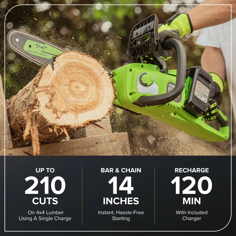 48V (24V x 2) 14" Cordless Battery Chainsaw, (2) 4.0 Ah USB Batteries & Dual Port Charger Included