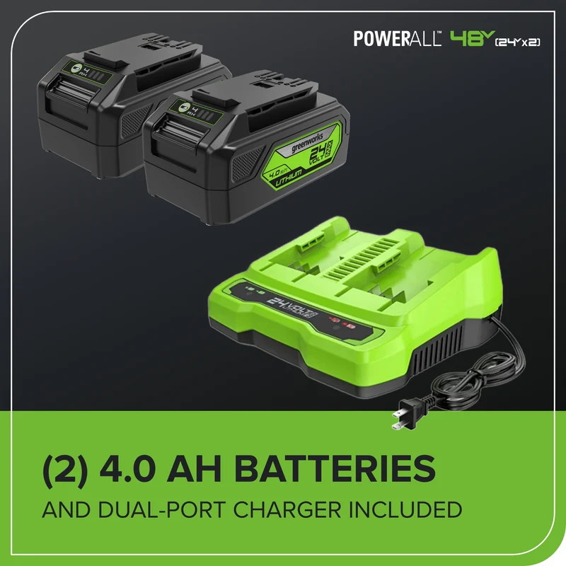 48V (24V x 2) 14" Cordless Battery Chainsaw, (2) 4.0 Ah USB Batteries & Dual Port Charger Included