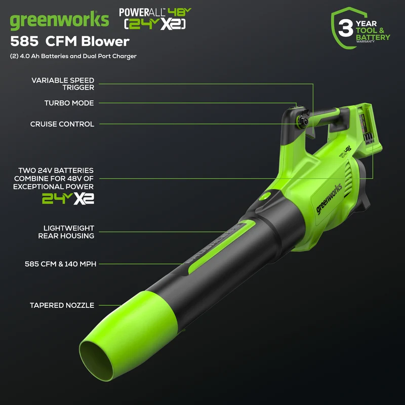 48V (24V x 2) Brushless Leaf Blower 140 MPH - 585 CFM, (2) 4.0Ah USB Batteries and Dual Port Charger Included, BL48L4410
