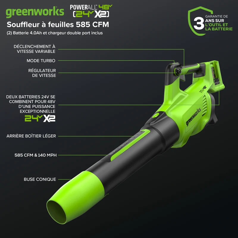 48V (24V x 2) Brushless Leaf Blower 140 MPH - 585 CFM, (2) 4.0Ah USB Batteries and Dual Port Charger Included, BL48L4410