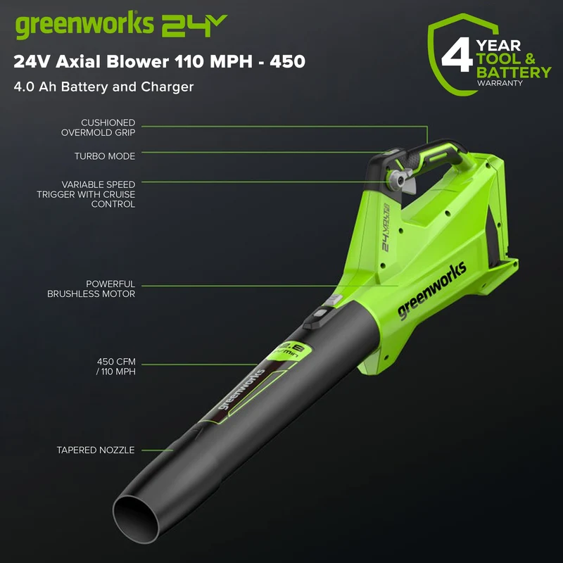 24V 450 CFM Brushless Leaf Blower, 4.0Ah USB Battery and Charger Included - BL24L410