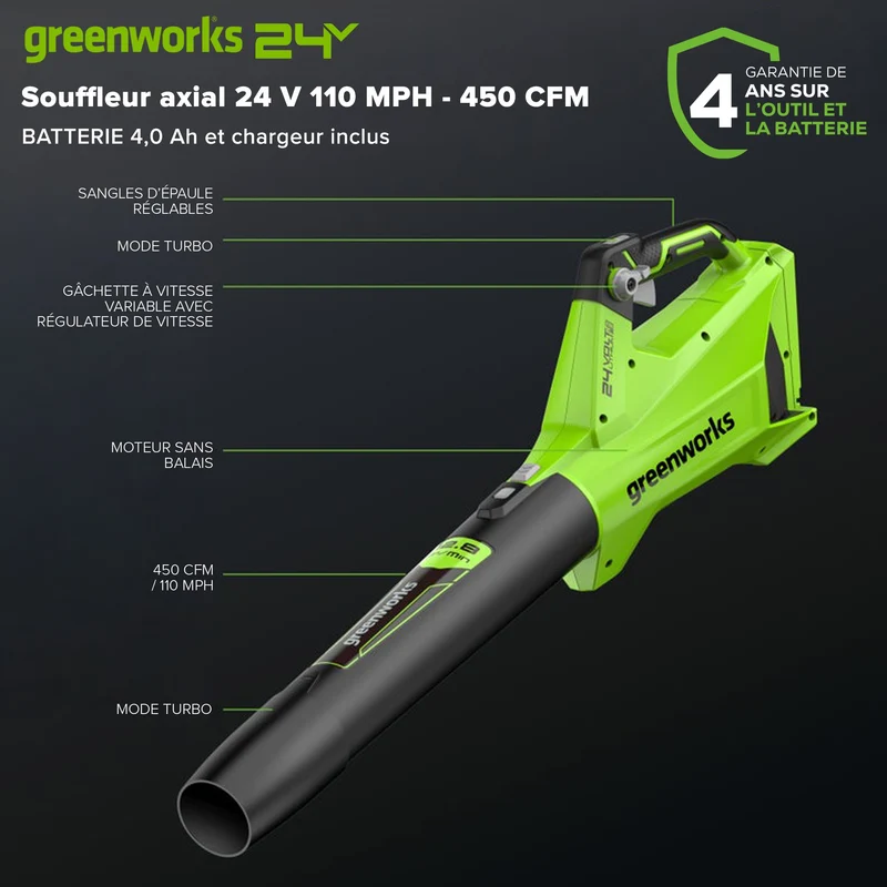 24V 450 CFM Brushless Leaf Blower, 4.0Ah USB Battery and Charger Included - BL24L410
