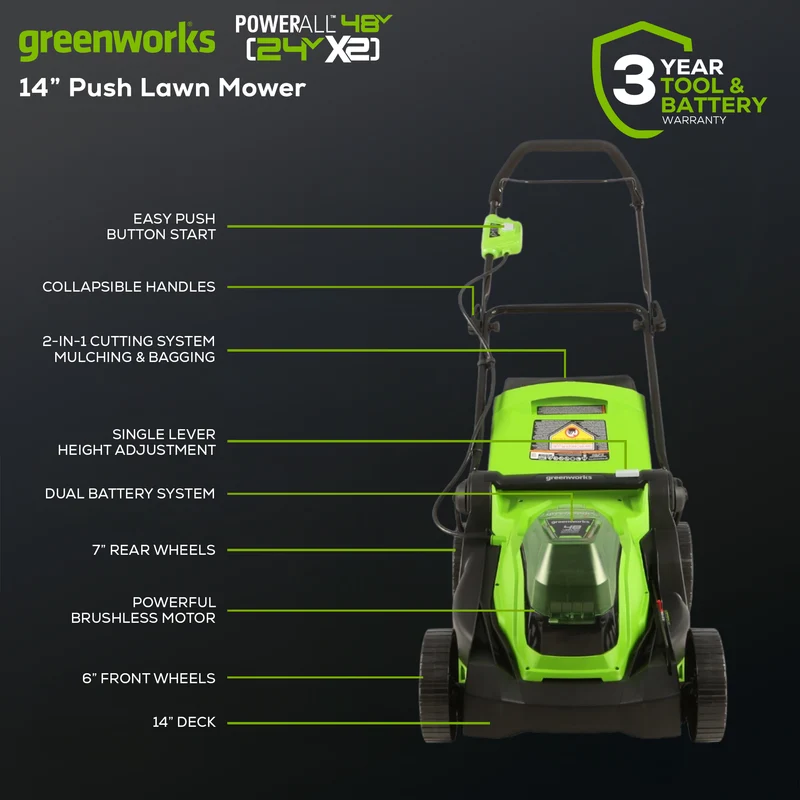 48V (24V x 2) 14" Lawn Mower, (2) 4.0Ah Battery and Charger Included
