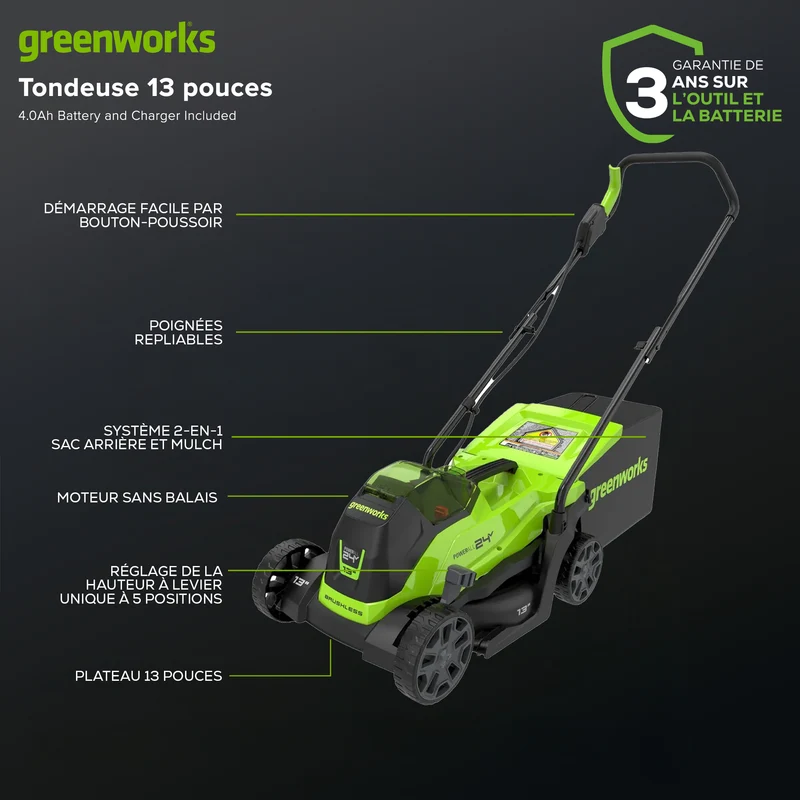 24V 13" Brushless Lawn Mower, 4.0Ah Battery and Charger Included