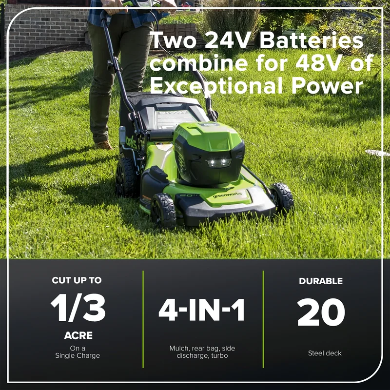 48V (24V x 2) 20" Brushless Self-Propelled Mower, (2) 5Ah USB Batteries and 4A Dual Port Charger Included