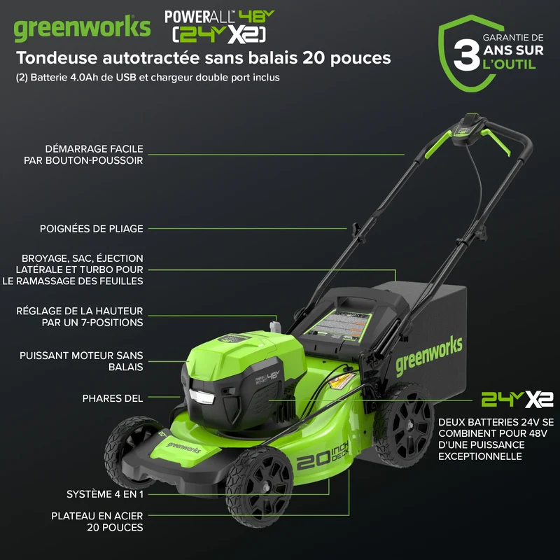48V (24V x 2) 20" Brushless Self-Propelled Mower, (2) 5Ah USB Batteries and 4A Dual Port Charger Included