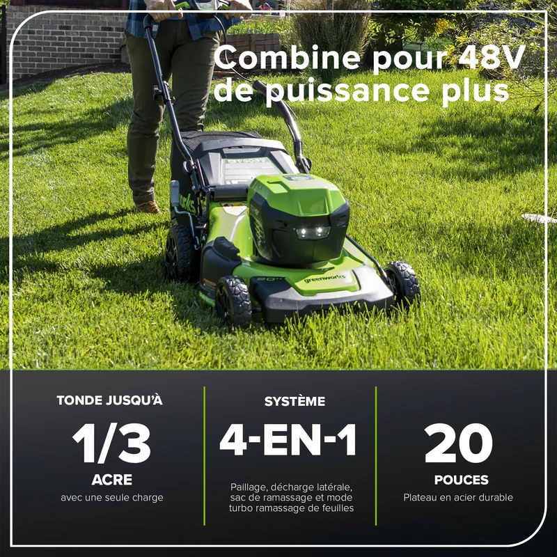 48V (24V x 2) 20" Brushless Self-Propelled Mower, (2) 5Ah USB Batteries and 4A Dual Port Charger Included